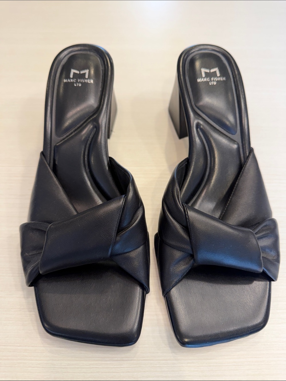 Marc Fisher LTD CALIA Black Knot-Detail Block Heel Mules